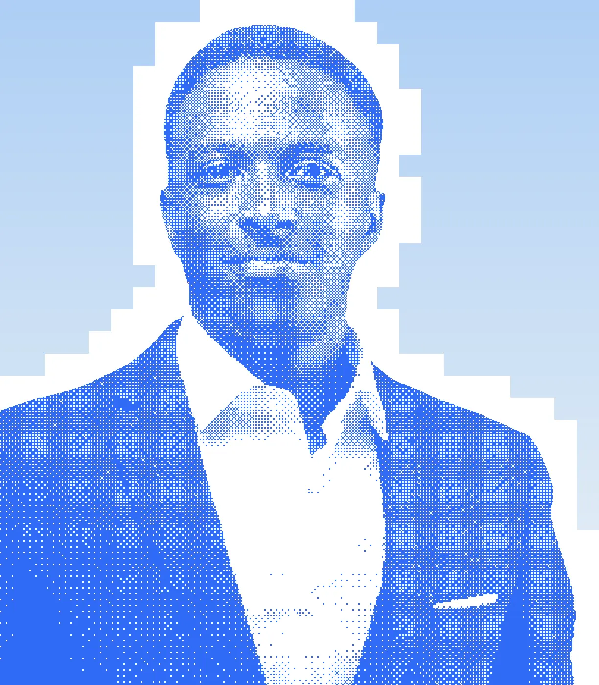 Christian Tonny, in a blue halftone portrait treatment