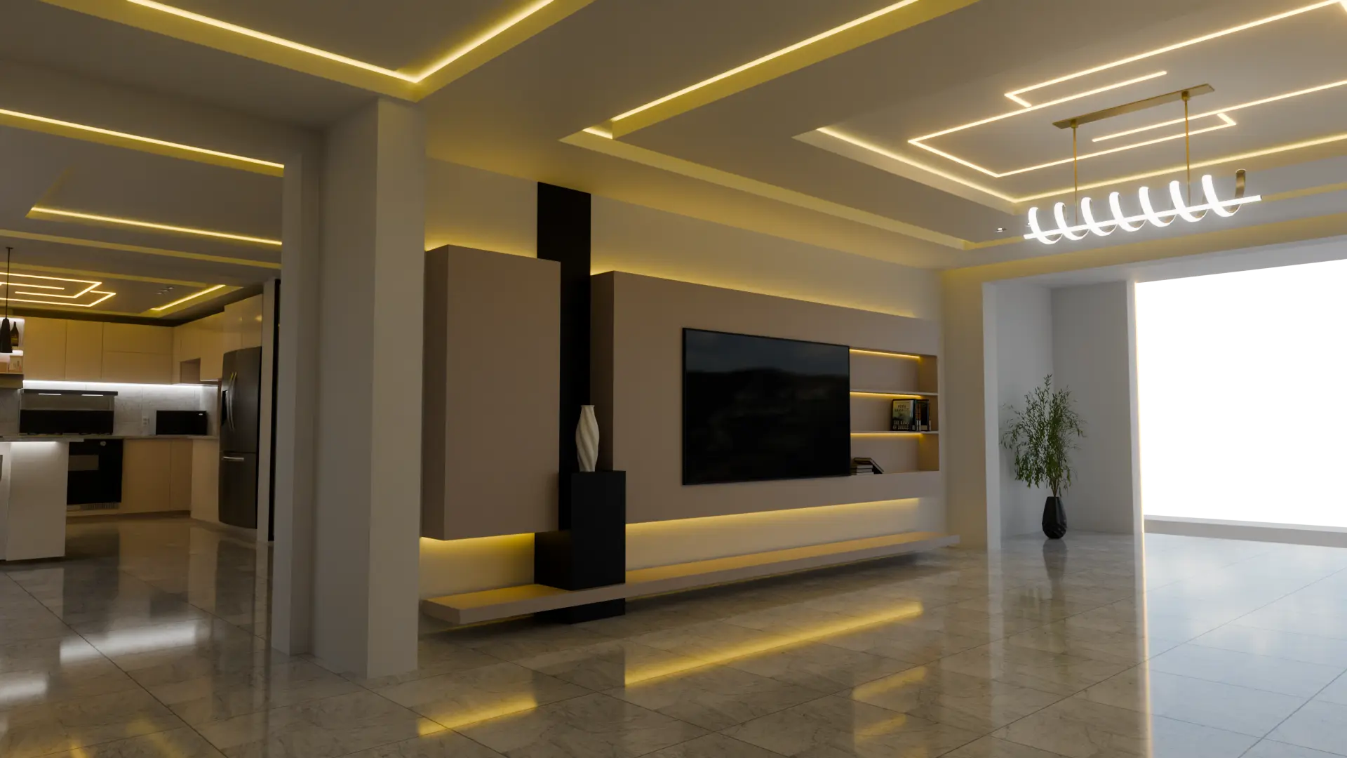Lounge interior by SPCS Build — layered ceiling light lines, slatted timber TV wall, and backlit joinery